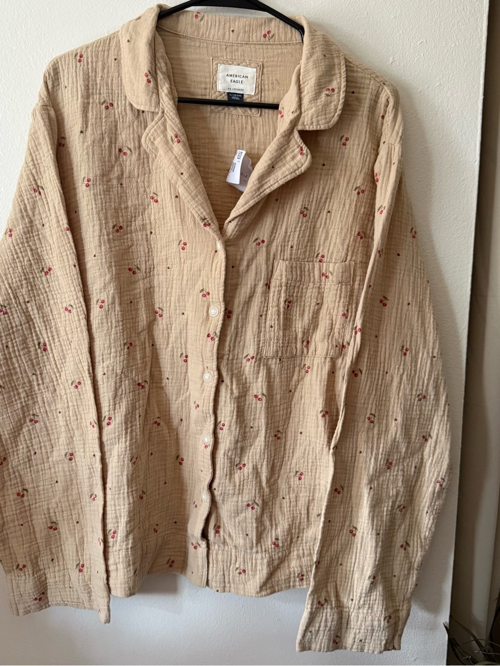American Eagle Outfitters Beige Button-Up Pajama Top with Red Cherry Print